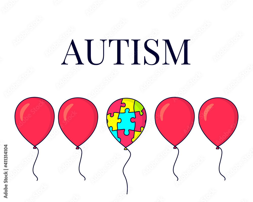 Autism awareness poster with a set of red balloons and one colourful balloon made of puzzle pieces. Social interaction and communication disorder. Support symbol. Medical concept. Vector illustration. Autism awareness poster with a set of red balloons and one colourful balloon made of puzzle pieces. Social interaction and communication disorder. Support symbol. Medical concept. Vector illustration.