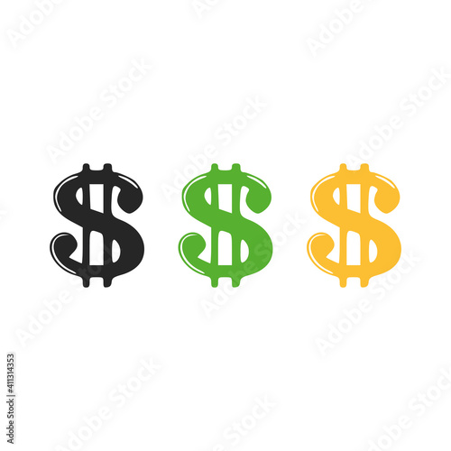 Icons of dollar sign. Dollar three colors black green yellow, vector illustration on white background 