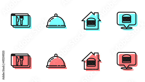 Set line Online ordering and delivery, , Covered with tray of food and burger icon. Vector.
