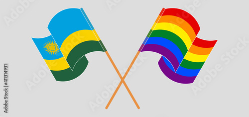 Crossed and waving flags of Rwanda and LGBTQ