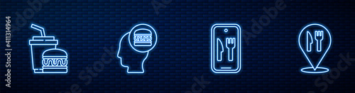 Set line Online ordering and delivery, Paper glass burger, and Cafe restaurant location. Glowing neon icon on brick wall. Vector.