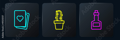Set line Deck of playing cards, Tabasco sauce and Cactus peyote pot. Black square button. Vector.