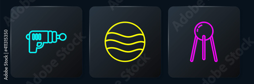 Set line Ray gun, Satellite and Planet. Black square button. Vector.