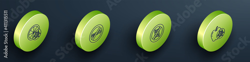 Set Isometric line Genetically modified orange, No GMO, Stop and apple icon. Vector.