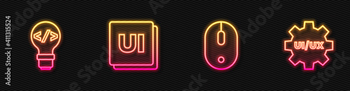 Set line Computer mouse, Front end development, UI or UX design and . Glowing neon icon. Vector.