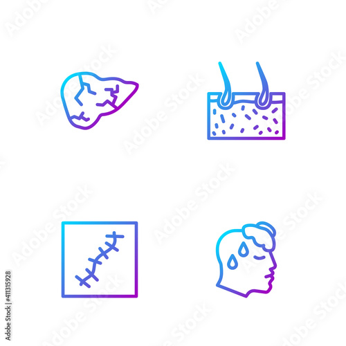 Set line High human body temperature, Scar with suture, Hepatitis virus and Hair covering skin. Gradient color icons. Vector.