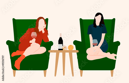 Two friends drinking wine at home vector stock illustration. Girls talking while sitting in a green chair. Evening conversation in the house of friends. Isolated on a warm background. photo