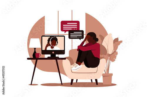 Online therapy and counselling under stress and depression. Young woman psychotherapist supports african female with psychological problems. Vector