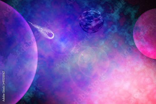 Pink Planet and Nebula. Elements of Universee. Abstract fantastic esoteric mystic background photo