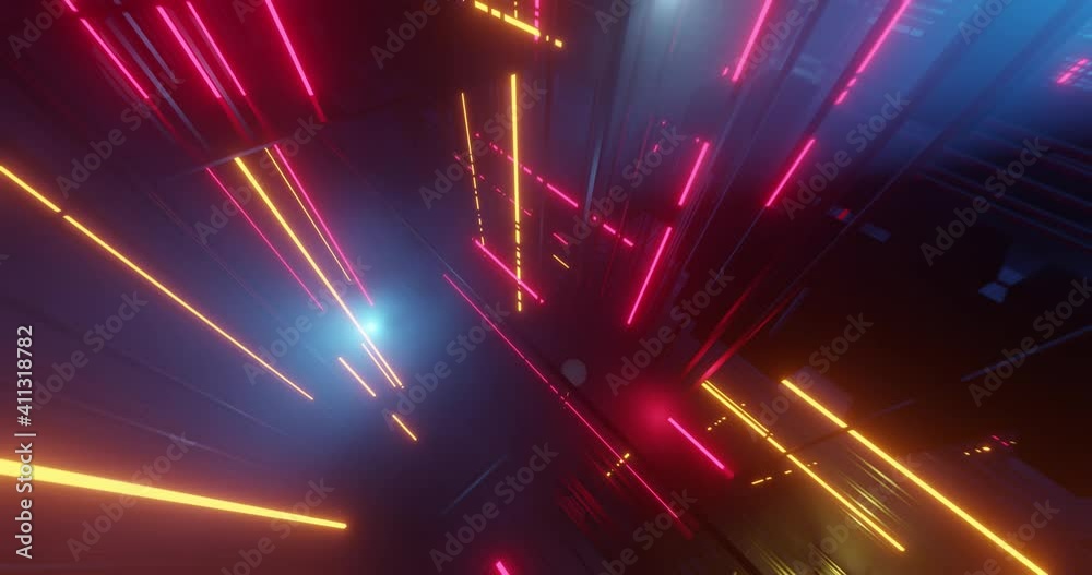 Abstract landscape, Flying in VR futuristic city. Retro-futuristic Sci-Fi scene with colorful LED or neon lights. Great for VJ, Backgrounds, Projection, Nightclubs, LED. 3D render, 4K loop