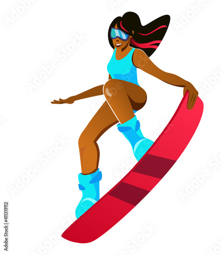 Black girl with colored strands in a bikin on a snowboard or a kite in a jump. Vector illustration. Winter sport, woman in sport. Snowboard jumping.
