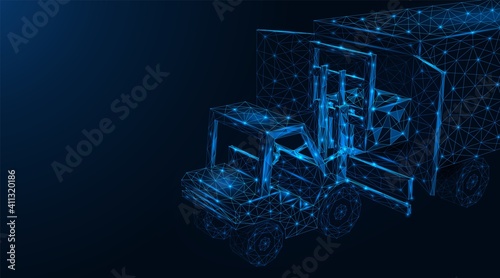 A forklift truck loads a crate of goods into a truck. Transport cargo transportation. Low-poly construction of lines and dots.Blue background.