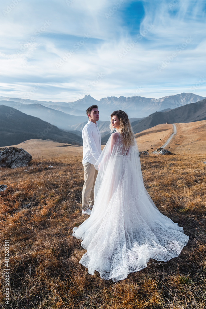 A newlywed couple on the background of beautiful autumn mountains. The concept of holding a wedding in nature, love, family and relationships