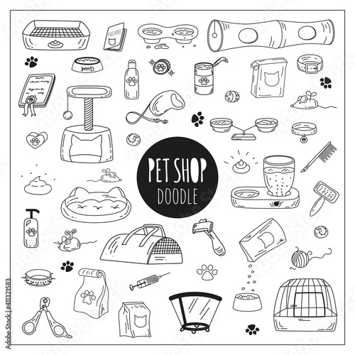 Cute doodle Pet shop icons. Cat and dog accessories and stuff in a hand-drawn style. Black Vector outline silhouette isolated on white background