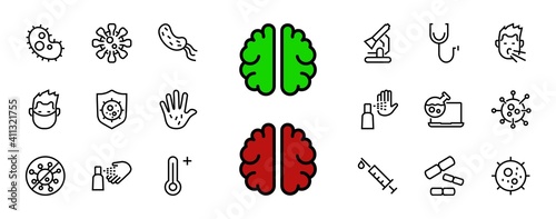 CORONAVIRUS A set of icons on the theme of coronavirus, contains icons such as an antiseptic, handwashing, masks, bacteria, sneezing, temperature, virus, thin lines, editable stroke, vector