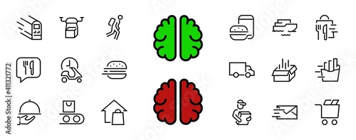 PIZZA DELIVERY, and Food Icon Set Vector thin line, contains courier, home delivery, food ordering, fast transport, drone, ship, car, editable stroke. ICONS circuits