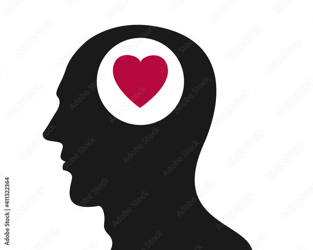 Black vector sign of man's profile with heart on brain place isolated on white background. Black vector sign of man's profile with heart on brain place isolated on white background.