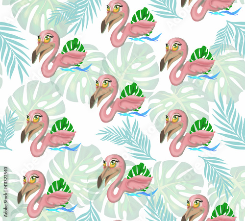 Tropical flamingos.Cute pink flamingo girl on white background  illustration  seamless background.