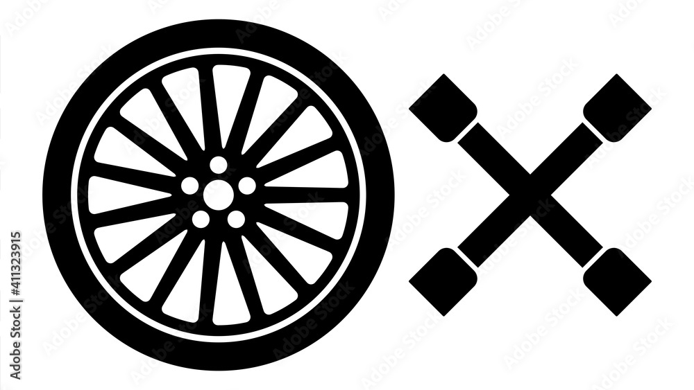 ngi1072 NewGraphicIcon ngi - german: Kreuzschlüssel, Radkreuzschlüssel, Radkreuz - PKW Reifenwechsel. - english: car wheel with lug wrench icon. - changing car wheel sign. - simple xxl g10233 - obrazy, fototapety, plakaty 