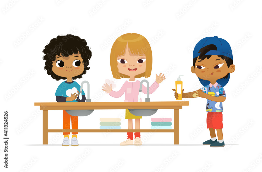 Prevents the flu and infection from the covid-19. Wash your hands illustration. Multicultural Children wash their hands. Health care concept vector illustration Prevents the flu and infection from the covid-19. Wash your hands illustration. Multicultural Children wash their hands. Health care concept vector illustration