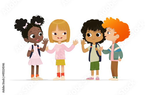 Group of school friends talk to each other.School friends have fun. Multicultural friends have fun