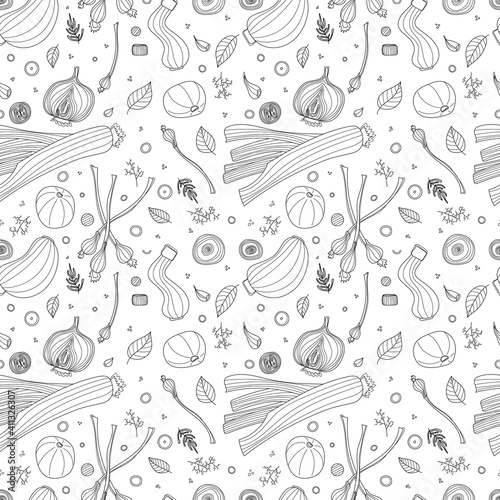 Seamless pattern of vegetables vector illustration in scandinavian style. Linear graphic. Vegetables background. Healthy food isolated on white background.