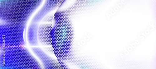 Blue, white abstract backdrop textured by hexagons, unearthly technologies, circle blurred interface with hexs. Perforated cover. Minimal composition with hex shapes. Vector illustration Eps 10.