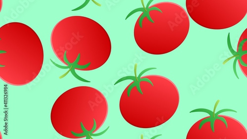 tomato on a green background illustration, pattern. appetizing tomato, fresh salad, healthy food. decor with tomatoes, wallpaper for kitchen, catering. round red tomatoes