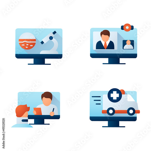  Telehealth flat icons set. Healthcare organizations platforms. Remote healthy check. Telemedicine, health care concept. Online medical examinations. Color vector illustration with shadow