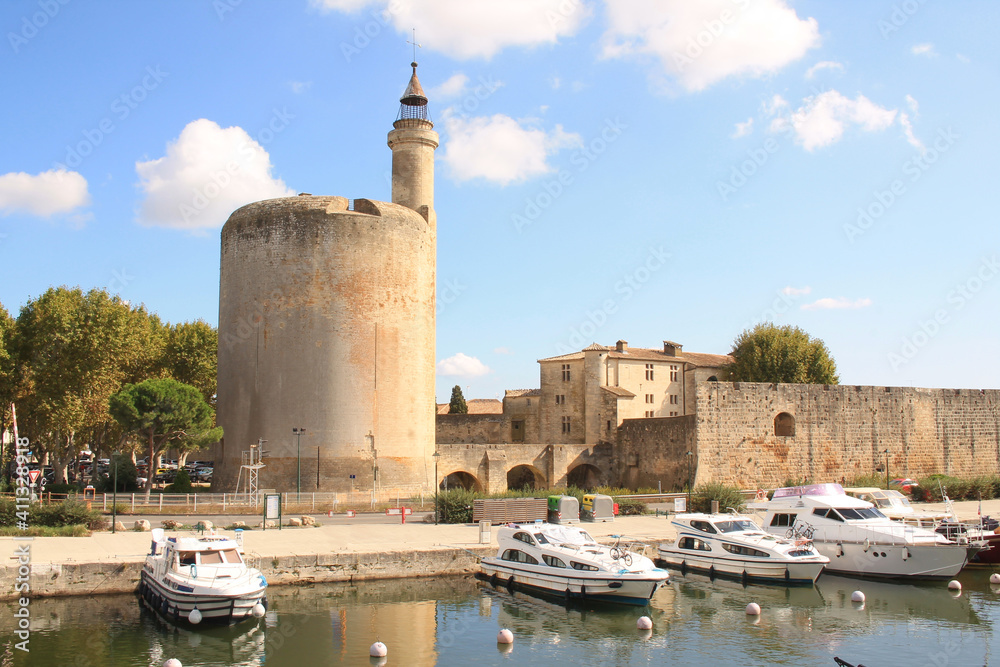 The Constance Tower and the medieval city of Aigues mortes, a resort on the coast of Occitanie region, Camargue, France