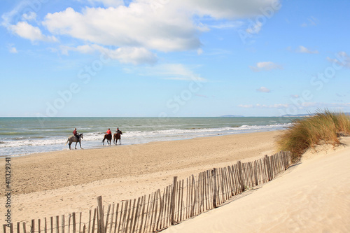 Natural and wild beach with a beautiful and vast area of dunes, Camargue region in the South of Montpellier, France photo