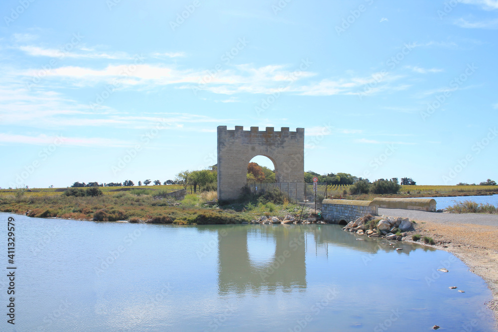 Triumphal arch of Villeneuve les Maguelone, a seaside resort in the south of Montpellier, Herault, France
