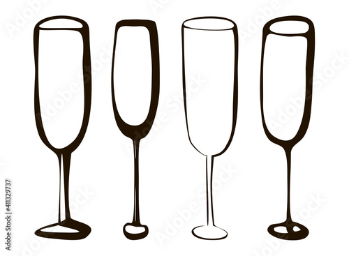 Vector hand drawn doodle set champagne empty wine glasses black illustration of wineglasses drink on white background