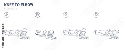 Knee to Elbow in Low Plank or Elbow Plank Female Exercise Workout Guide Illustration.