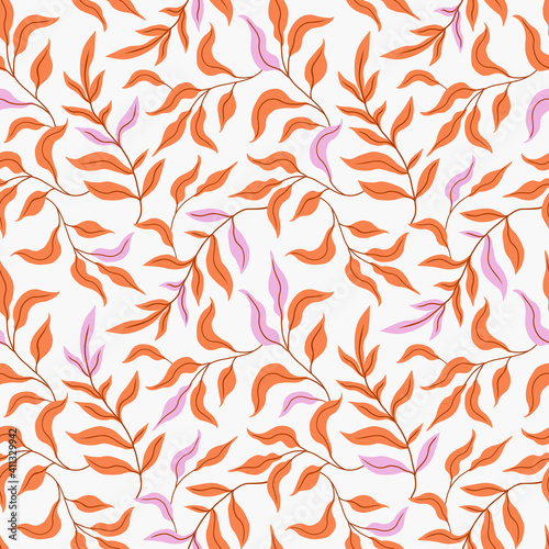 Seamless pattern with flat minimalism leaves. Hand drawn illustration. Texture for print, fabric, textile, wallpaper.