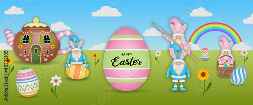 happy easter banner with funny gnomes 
