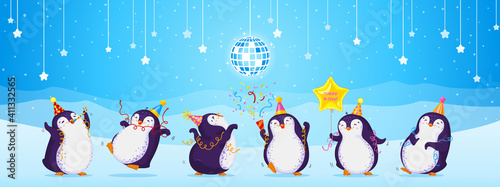 Birthday greeting card with cute dancing penguins. Blue background with stars, disco ball, snowflakes and mountains. Funny birds in different birthday caps. Vector cartoon illustration. 