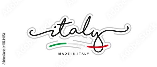Made in Italy new modern handwritten typography calligraphic logo sticker Italian flag ribbon banner