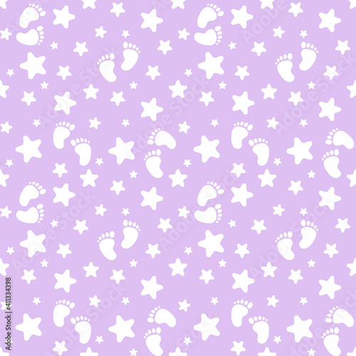Seamless pattern with white baby feet and stars on purple background. Funny cute endless backdrop vector illustration	
