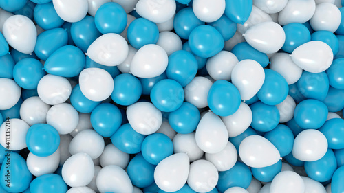 Background of pastel blue and white celebration balloons in a big pile