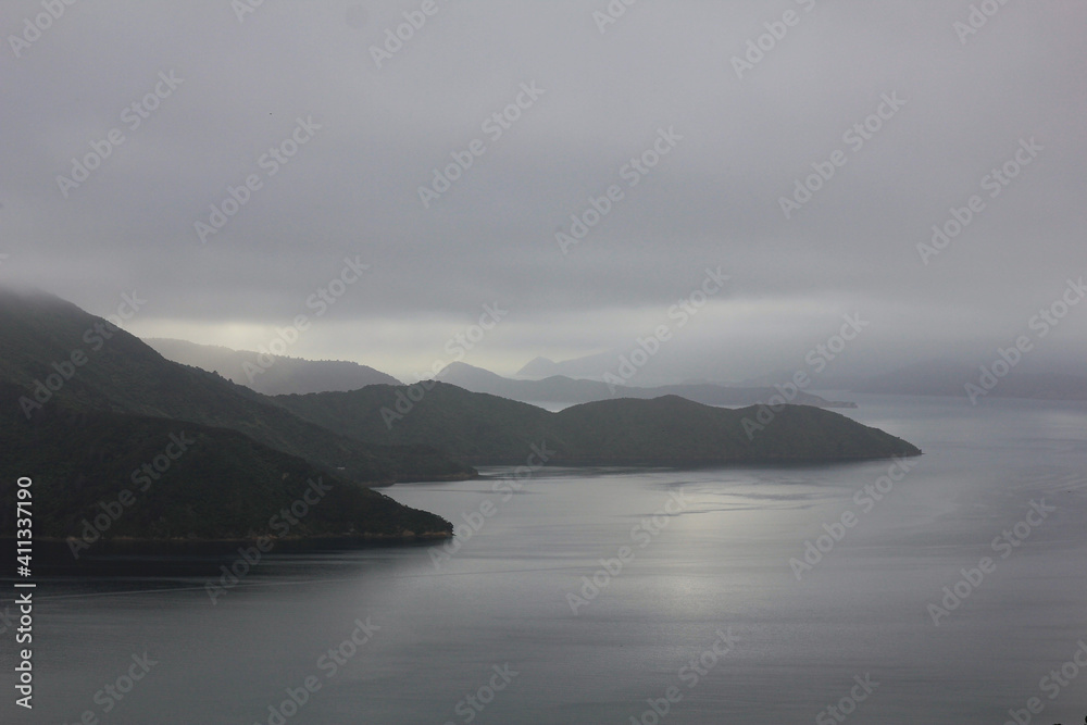 Coast line in the Marlborough Sounds on a cloudy day.