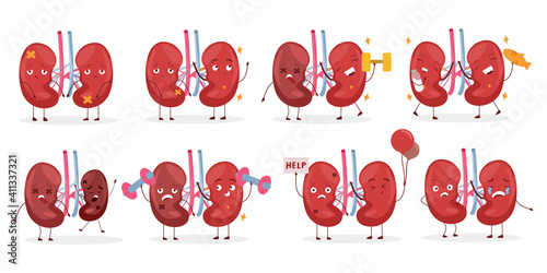 vektor collection cartoon doodle kidney character, nice and smiling, doing different activities to keep themselves healthy. World kidney day illustrations.