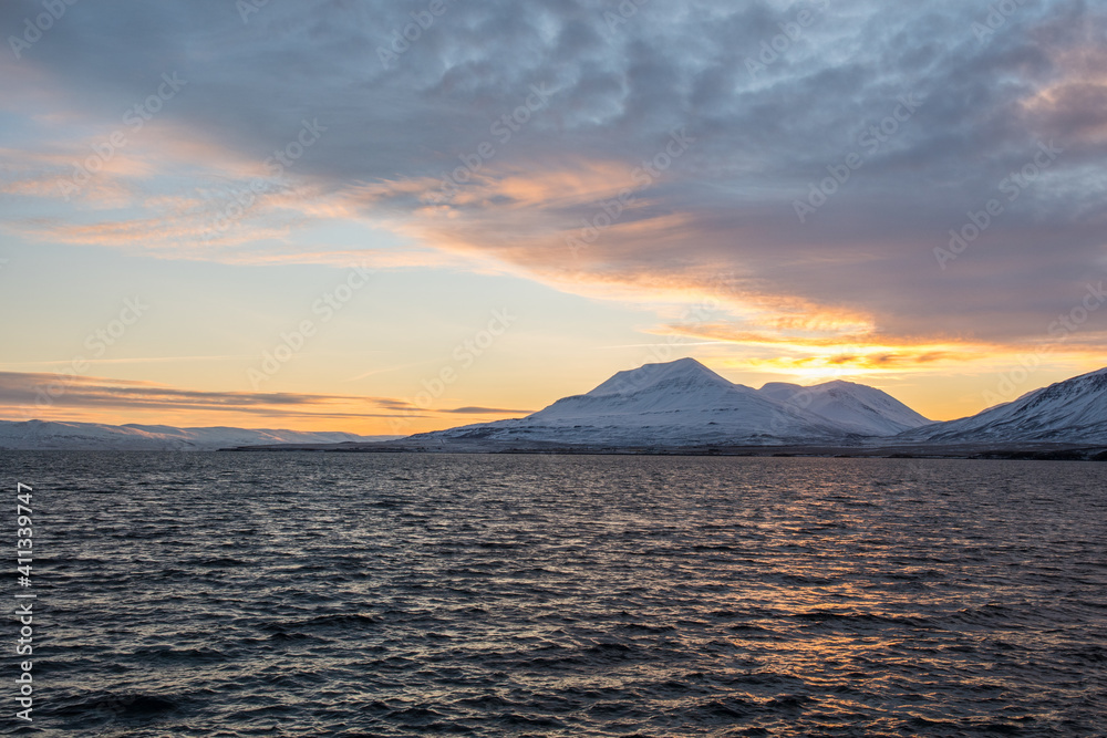 Beautiful sunset of island of Hrisey in Iceland Beautiful sunset of island of Hrisey in Iceland