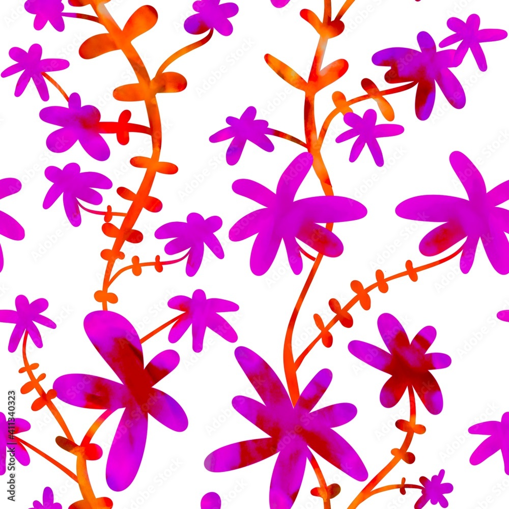 Pink, purple flowers on a white background. Seamless pattern. Tropical jungle.