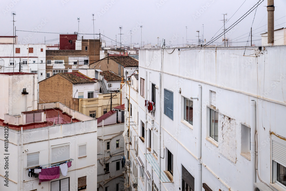 Residential Spanish neighborhood overlooking the rooftops in Valencia, Spain
