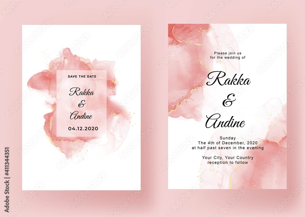 wedding invitation with pink abstract alcohol ink