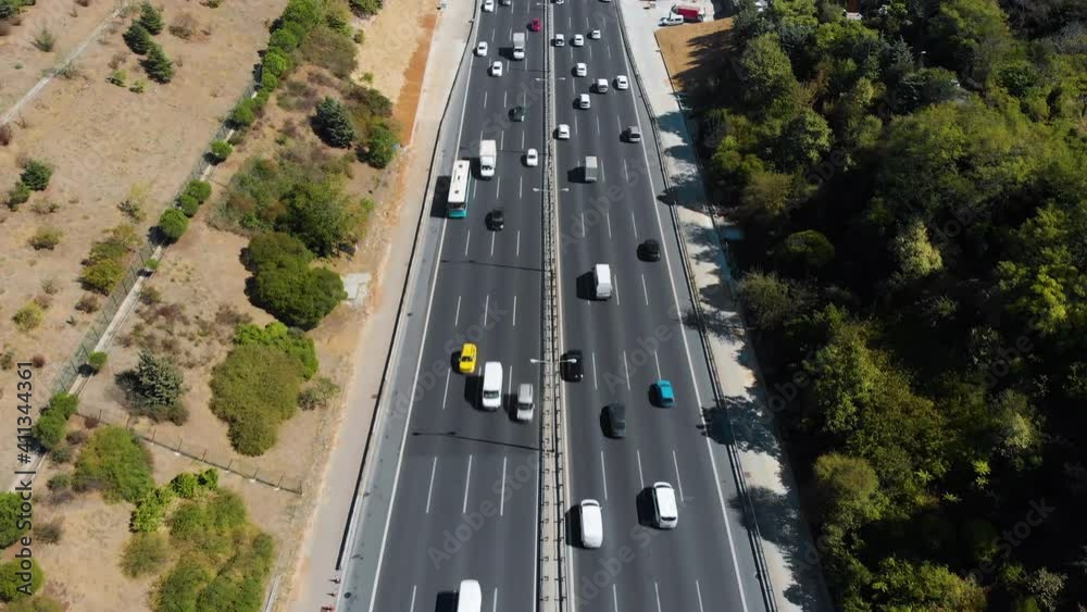 Aerial drone view of busy highway road with car traffic in Istanbul, Turkey Aerial drone view of busy highway road with car traffic in Istanbul, Turkey