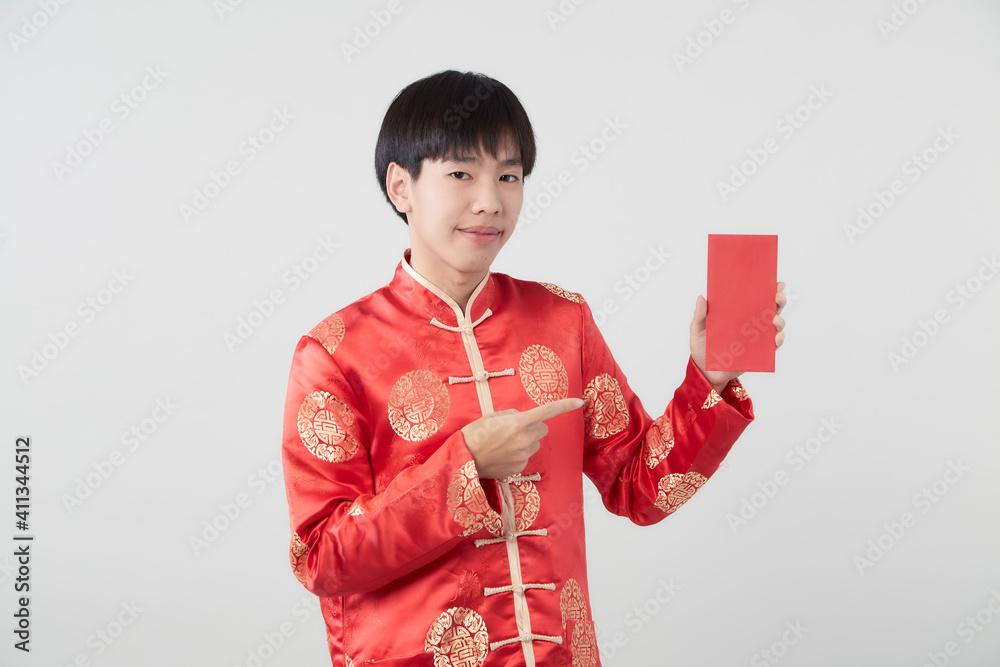 Chinese man with mandarin holding red envelope Chinese man with mandarin holding red envelope