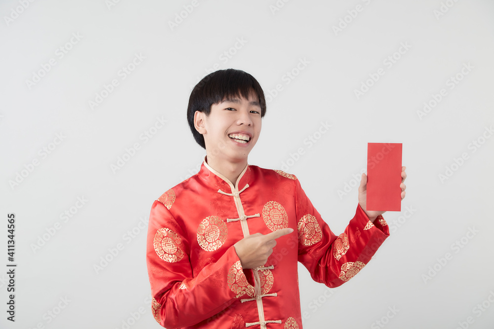 Chinese man with mandarin holding red envelope Chinese man with mandarin holding red envelope
