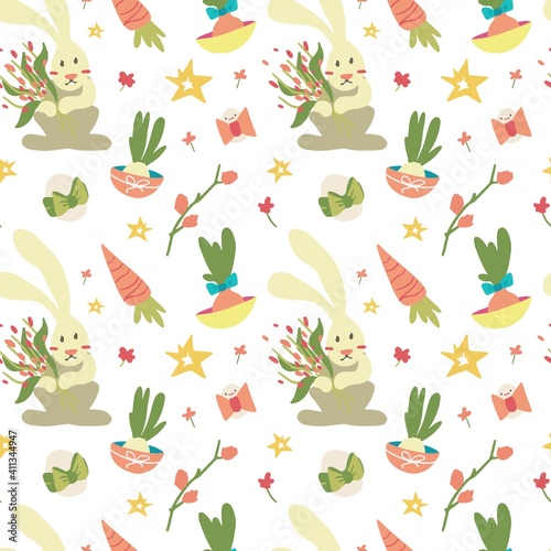 Spring pattern with bunny with a bouquet of red flowers, carrots, plant branches, flowers, easter eggs and gold stars on a white background